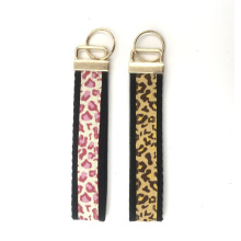 Fashion cute leopard key chain gold plated custom logo webbing double sides key fob key chain